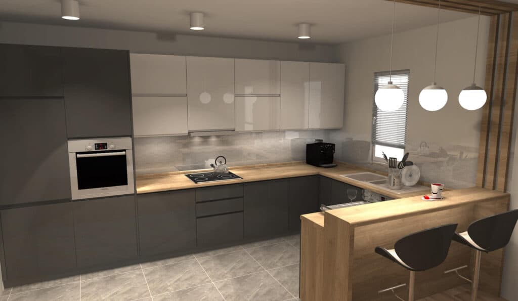 3D render kuhinje sa radnom pločom i visećim elementima — Dijana — kuhinja