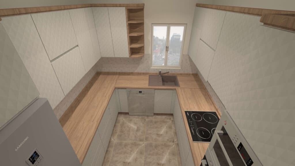 3D render kuhinje, pogled na radni deo — Ivan — kuhinja
