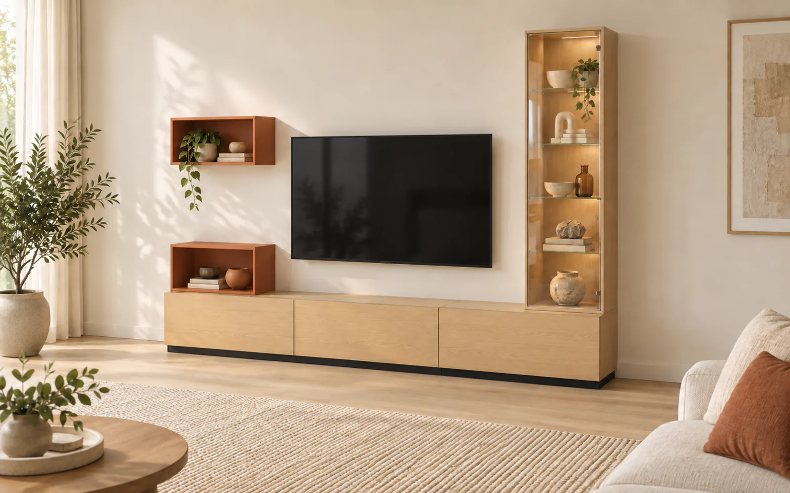 Fotorealna ilustracija — raspored i mere su iz planera. Prikaz modela Vitrina iz ugla, zid 3000 mm