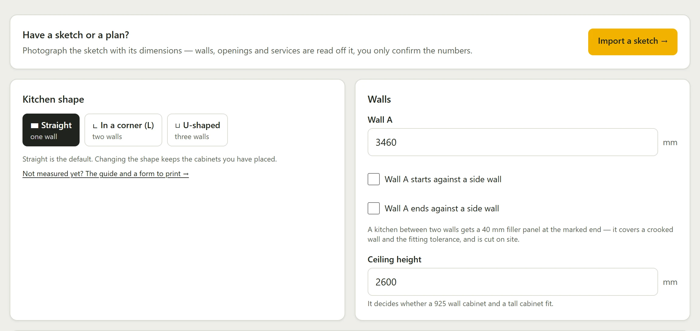 The planner screen: choosing the kitchen shape, the wall length and the ceiling height, with a button to import a sketch