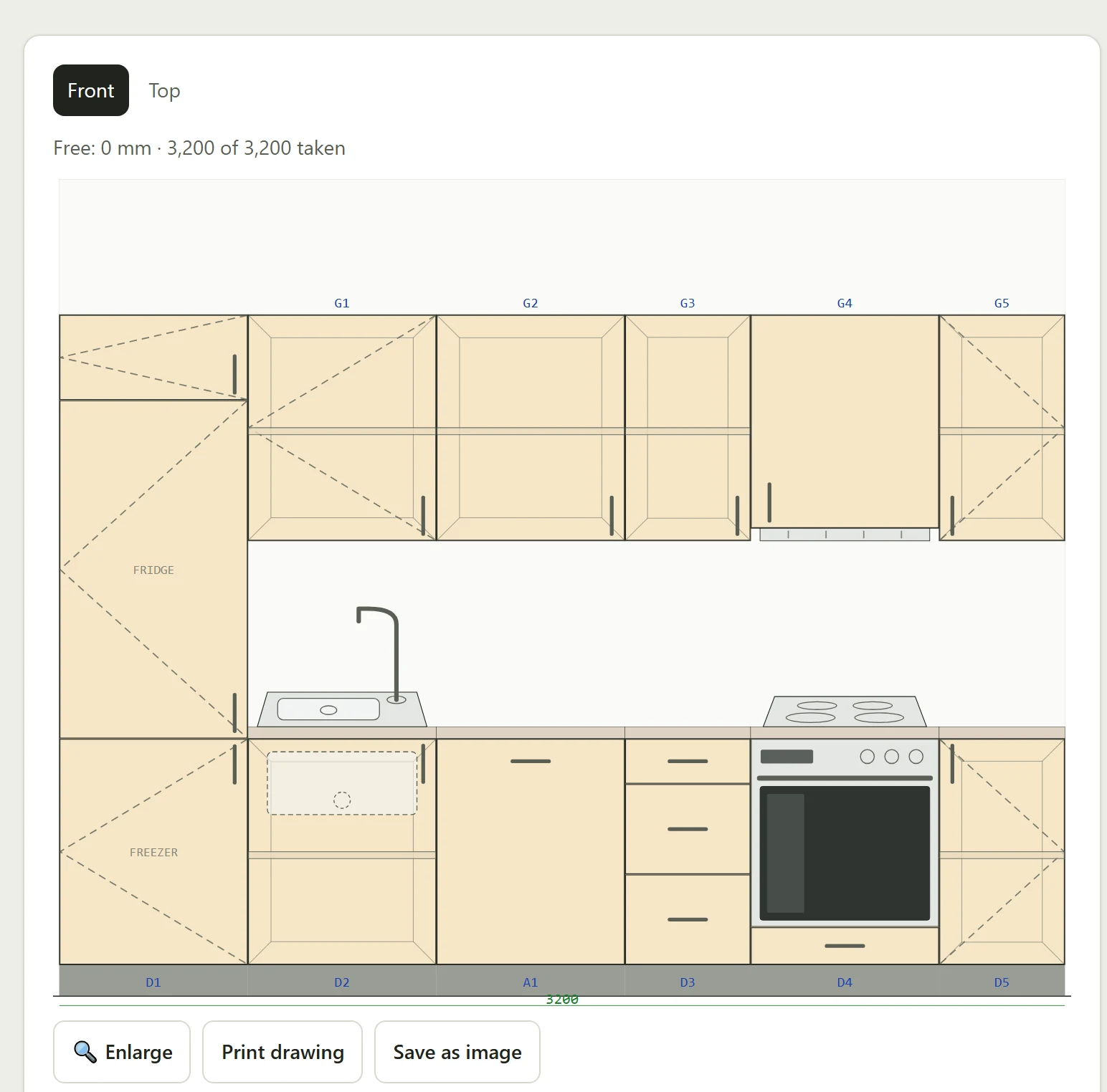 The planner screen: a kitchen drawn from the front, with cabinet labels D1–D5 and G1–G5 and the run dimension