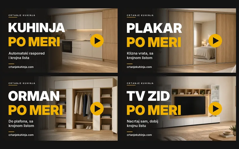 Four video tutorial covers in a two-by-two grid: a made-to-measure kitchen, sliding wardrobe, wardrobe and TV wall, each with a yellow play button